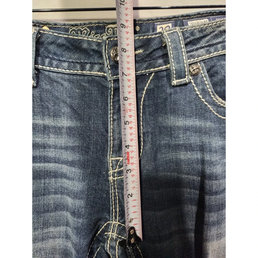 Miss Me Easy Boot Thick Stitch Jean Women 29 Distressed Paisley Rhinestone Jewel - Picture 6 of 10